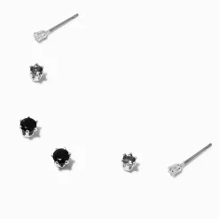 Silver-tone Black, Gray & Clear Cubic Zirconia Stackable Stud Earrings - 3 Pack