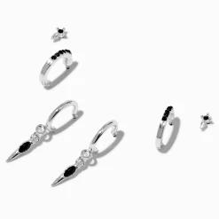 Silver-tone Black Spike Earring Stackables Set - 3 Pack