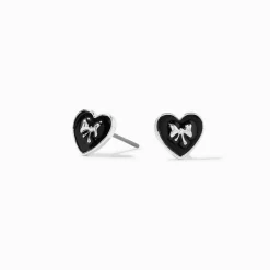 Silver-tone Bow Black Heart Stud Earrings