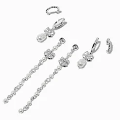 Silver-tone Bow Pearl Earring Stackables Set - 3 Pack