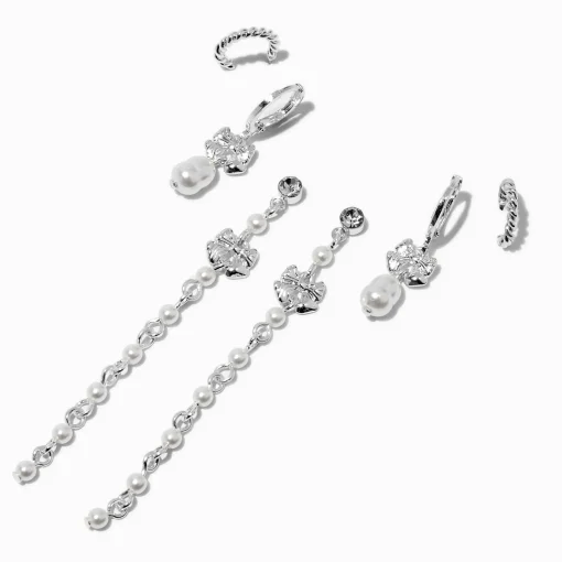 Silver-tone Bow Pearl Earring Stackables Set - 3 Pack