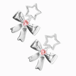 Silver-tone Bow, Pink Heart & Star Drop Earrings