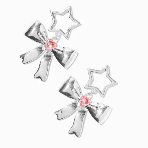 Silver-tone Bow, Pink Heart & Star Drop Earrings