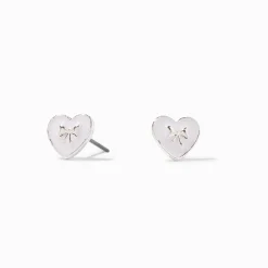 Silver-tone Bow White Heart Stud Earrings