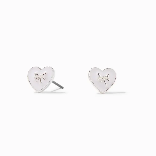 Silver-tone Bow White Heart Stud Earrings