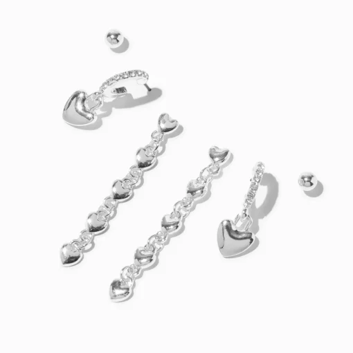 Silver-tone Bubble Heart Earring Stackables Set - 3 Pack