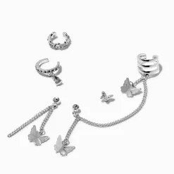 Silver-tone Butterfly Connector Cuff Earring Stackables - 5 Pack
