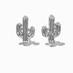 Silver-tone Cactus Stud Earrings