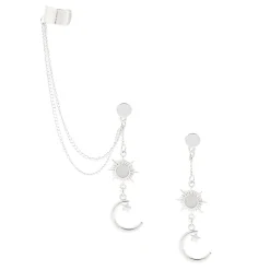 Silver-tone Celestial Moon Ear Cuff Connector Chain Earrings