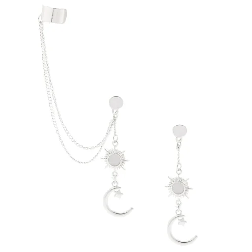 Silver-tone Celestial Moon Ear Cuff Connector Chain Earrings