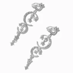 Silver-tone Celestial Sparkle Clip-On Drop Earrings