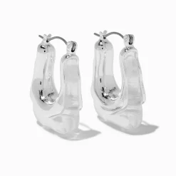 Silver-tone Clear Acrylic Square Oblong Hoop Earrings