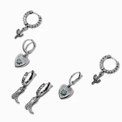 Silver-tone Cowgirl Hoop Earring Stackables Set - 3 Pack