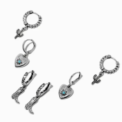Silver-tone Cowgirl Hoop Earring Stackables Set - 3 Pack
