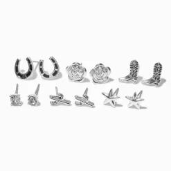 Silver-tone Cowgirl Stud Earrings - 6 Pack