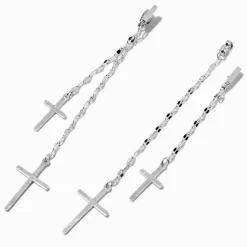 Silver-tone Cross Tinsel Chain Drop Earrings