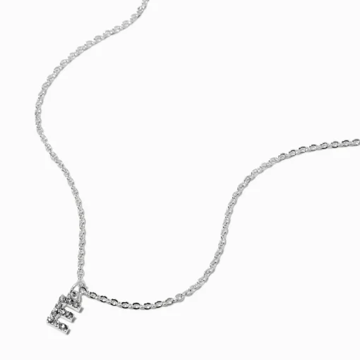 Silver-tone Crystal Block Letter Initial Pendant Necklace - E