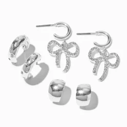 Silver-tone Crystal Bow Earring Stackables Set - 3 Pack