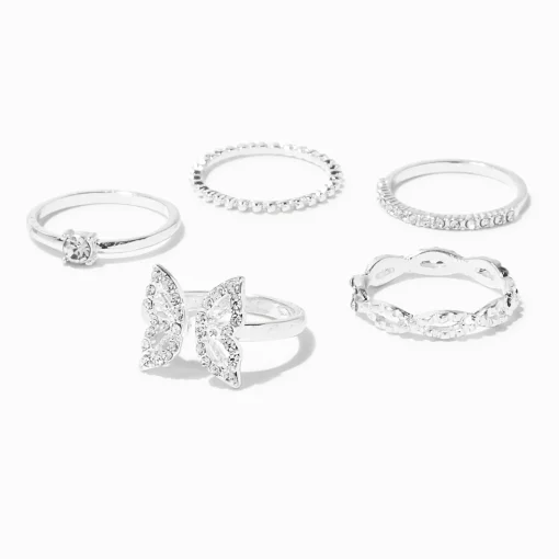 Silver-tone Crystal Butterfly Rings - 5 Pack