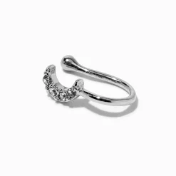 Silver-tone Crystal Crescent Moon Faux Nose Ring