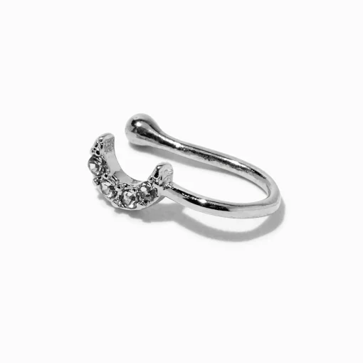 Silver-tone Crystal Crescent Moon Faux Nose Ring