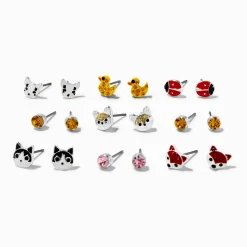 Silver-tone Crystal Critter Stud Earrings - 9 Pack
