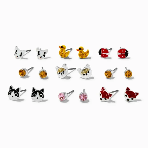 Silver-tone Crystal Critter Stud Earrings - 9 Pack