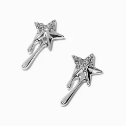 Silver-tone Crystal Dripping Star Stud Earrings