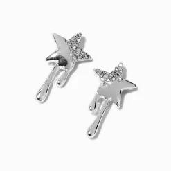 Silver-tone Crystal Dripping Star Stud Earrings
