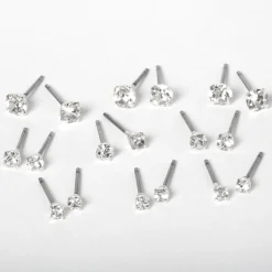 Silver-tone Crystal Graduated Round Stud Earrings - 9 Pack