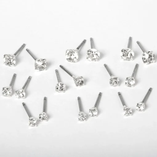 Silver-tone Crystal Graduated Round Stud Earrings - 9 Pack