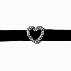 Silver-tone Crystal Heart Pendant Black Velvet Choker Necklace