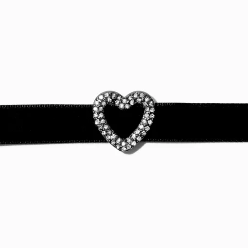 Silver-tone Crystal Heart Pendant Black Velvet Choker Necklace