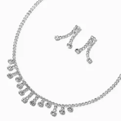 Silver-tone Crystal Mini Drip Choker & Drop Earrings Set - 2 Pack