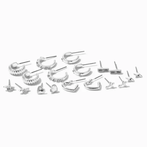 Silver-tone Crystal Mixed Motif Earring Stackables Set - 9 Pack