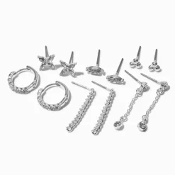 Silver-tone Crystal Mixed Earring Stackables Set - 6 Pack