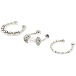 Silver-tone Crystal Pearl Faux Cartilage Earrings - 3 Pack