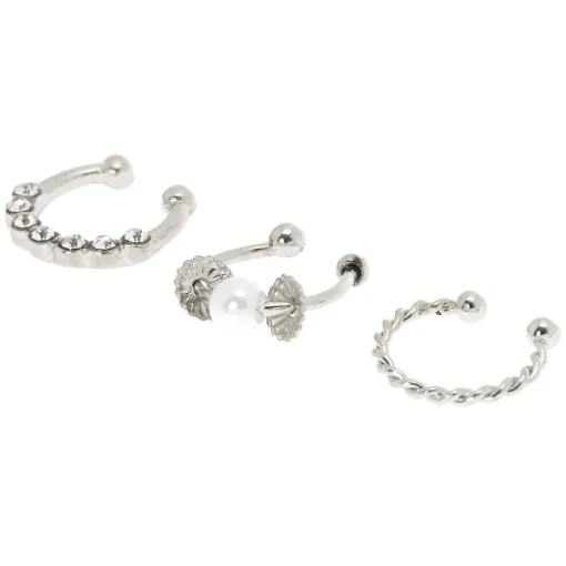 Silver-tone Crystal Pearl Faux Cartilage Earrings - 3 Pack