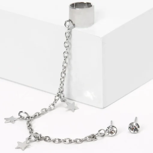 Silver-tone Crystal Star Ear Connector Earrings