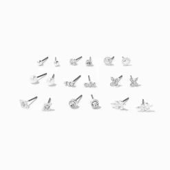 Silver-tone Crystal Stud Earrings Set - 9 Pack