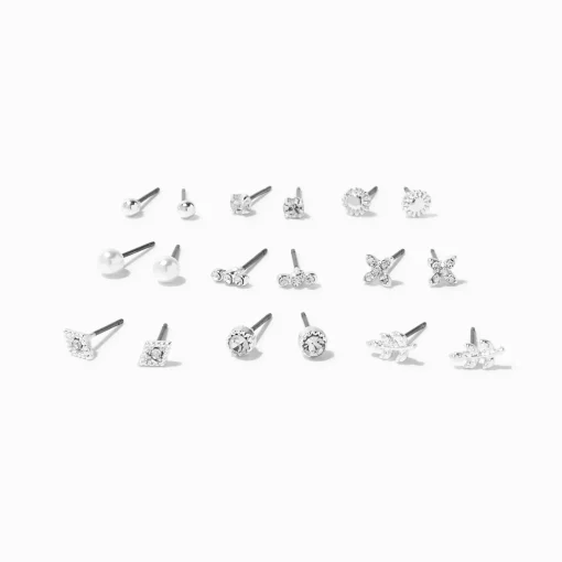 Silver-tone Crystal Stud Earrings Set - 9 Pack