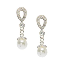 Silver-tone Crystal Teardrop Pearl 1" Drop Earrings