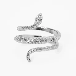 Silver-tone Crystal Textured Snake Wrap Ring