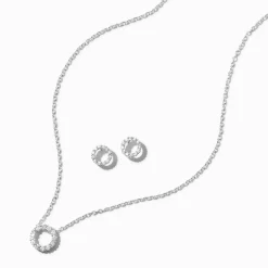 Silver-tone Cubic Zirconia Circle Pendant Necklace & Stud Earrings Set