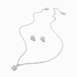 Silver-tone Cubic Zirconia Halo Square Pendant Necklace & Stud Earrings Set - 2 Pack