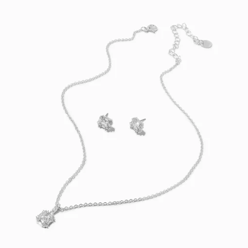 Silver-tone Cubic Zirconia Halo Square Pendant Necklace & Stud Earrings Set - 2 Pack
