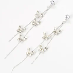 Silver-tone Cubic Zirconia Butterflies Linear Drop Earrings