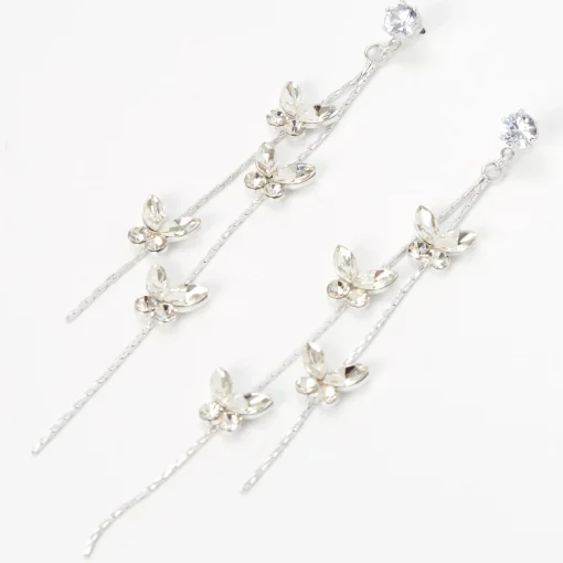Silver-tone Cubic Zirconia Butterflies Linear Drop Earrings