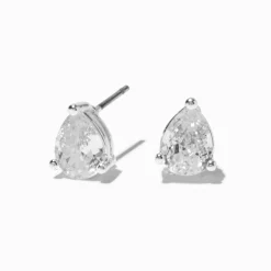 Silver-tone Cubic Zirconia 8mm Teardrop Stud Earrings