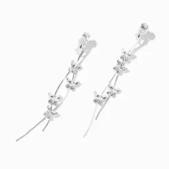 Silver-tone Cubic Zirconia Butterfly Vine 3.5" Clip-On Drop Earrings